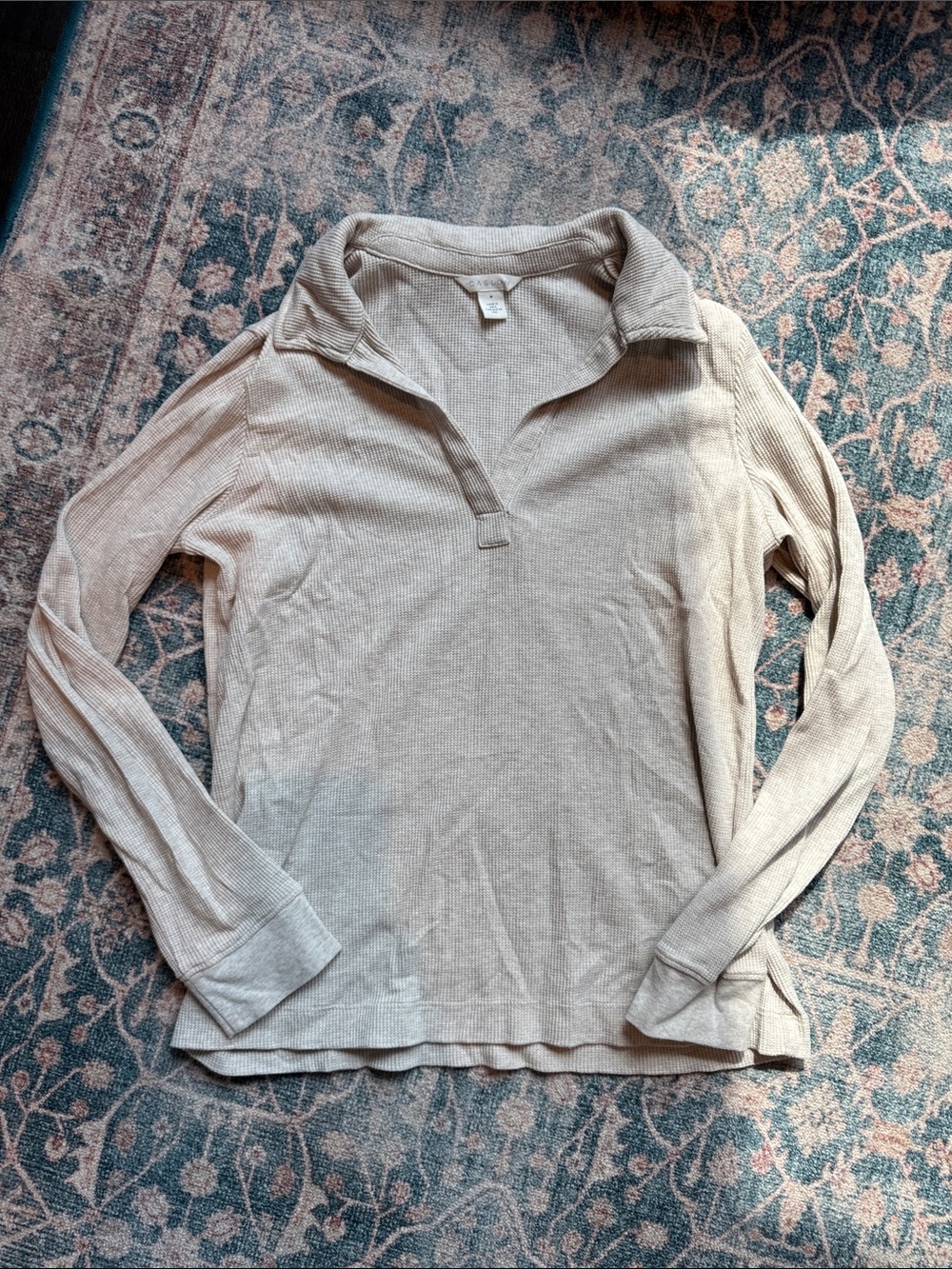 Caslon Light Beige Long-Sleeve Polo Knit Top, Size Medium